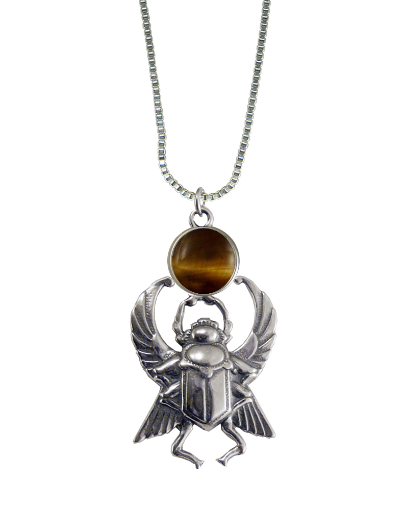 Sterling Silver Sacred Scarab Pendant With Tiger Eye